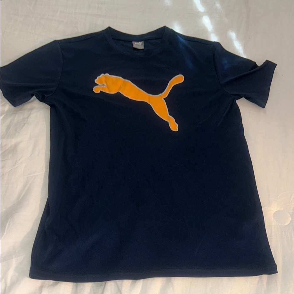 Kids Size 14-16. Puma Dark Blue Tee with Vibrant Orange Logo